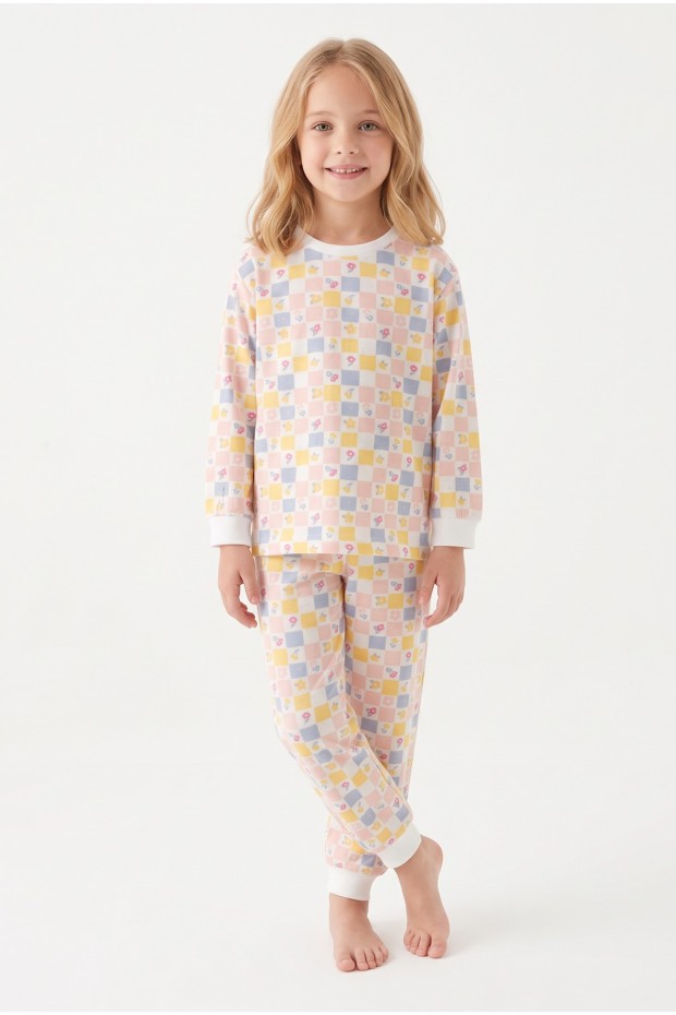 Kız Çocuk Kareli Çiçek Baskılı %100 Pamuk Süprem Kumaş Reaktif Boyama Uzun Kollu Pijama Takımı