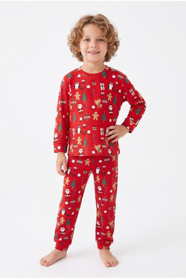 Üniseks Çocuk Noel Baba ve Zencefilli Kurabiye Desenli %100 Pamuk Reaktif Boyama İnterlok Kumaş Uzun Kollu Pijama Takımı