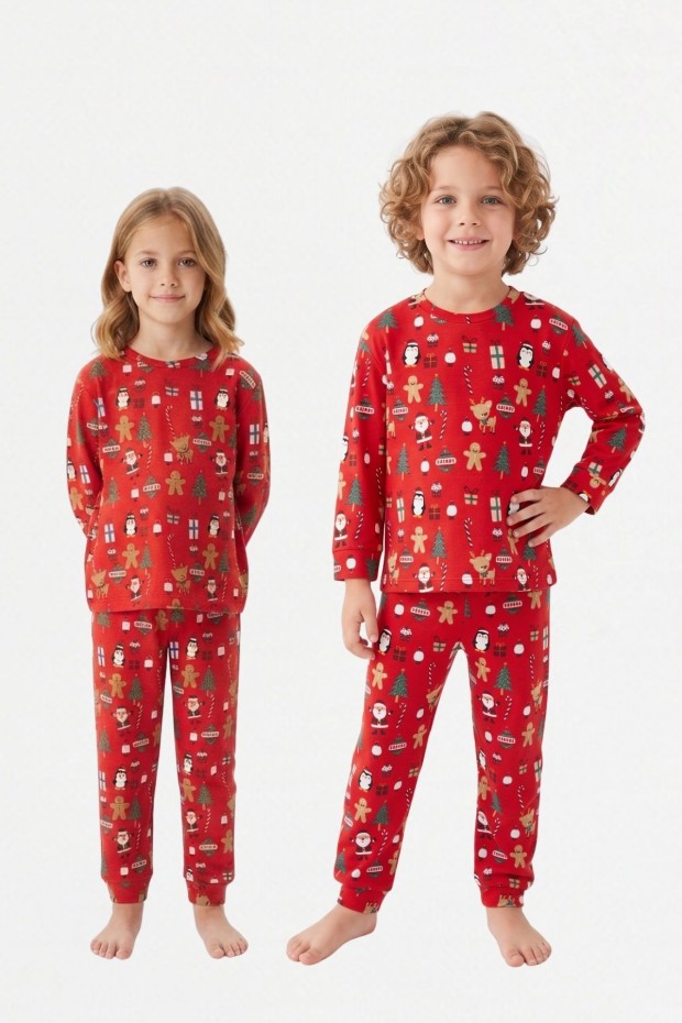 Üniseks Çocuk Noel Baba ve Zencefilli Kurabiye Desenli %100 Pamuk Reaktif Boyama İnterlok Kumaş Uzun Kollu Pijama Takımı