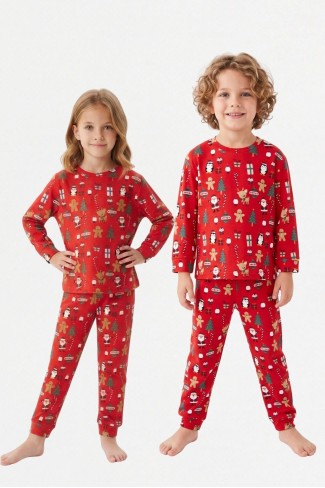 Üniseks Çocuk Noel Baba ve Zencefilli Kurabiye Desenli %100 Pamuk Reaktif Boyama İnterlok Kumaş Uzun Kollu Pijama Takımı