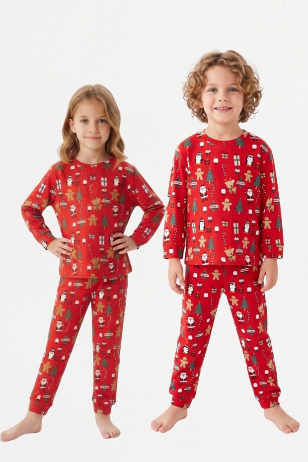 Üniseks Çocuk Noel Baba ve Zencefilli Kurabiye Desenli %100 Pamuk Reaktif Boyama İnterlok Kumaş Uzun Kollu Pijama Takımı