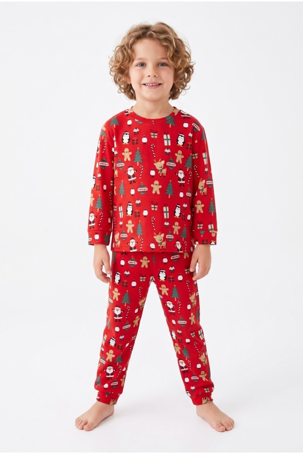Üniseks Çocuk Noel Baba ve Zencefilli Kurabiye Desenli %100 Pamuk Reaktif Boyama İnterlok Kumaş Uzun Kollu Pijama Takımı