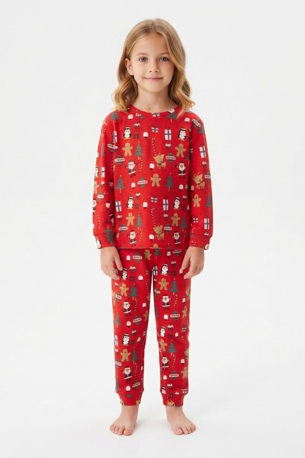 Üniseks Çocuk Noel Baba ve Zencefilli Kurabiye Desenli %100 Pamuk Reaktif Boyama İnterlok Kumaş Uzun Kollu Pijama Takımı