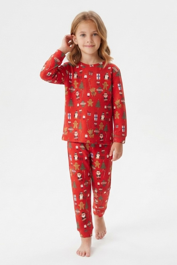 Üniseks Çocuk Noel Baba ve Zencefilli Kurabiye Desenli %100 Pamuk Reaktif Boyama İnterlok Kumaş Uzun Kollu Pijama Takımı