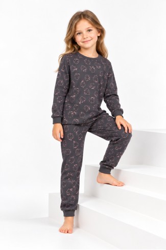 Kız Çocuk Kalp Desenli %100 Pamuk Reaktif Boyalı İnterlok Kumaş Uzun Kollu Pijama Takımı