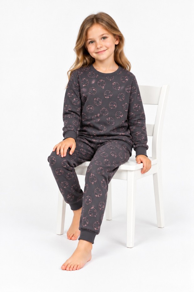 Kız Çocuk Kalp Desenli %100 Pamuk Reaktif Boyalı İnterlok Kumaş Uzun Kollu Pijama Takımı