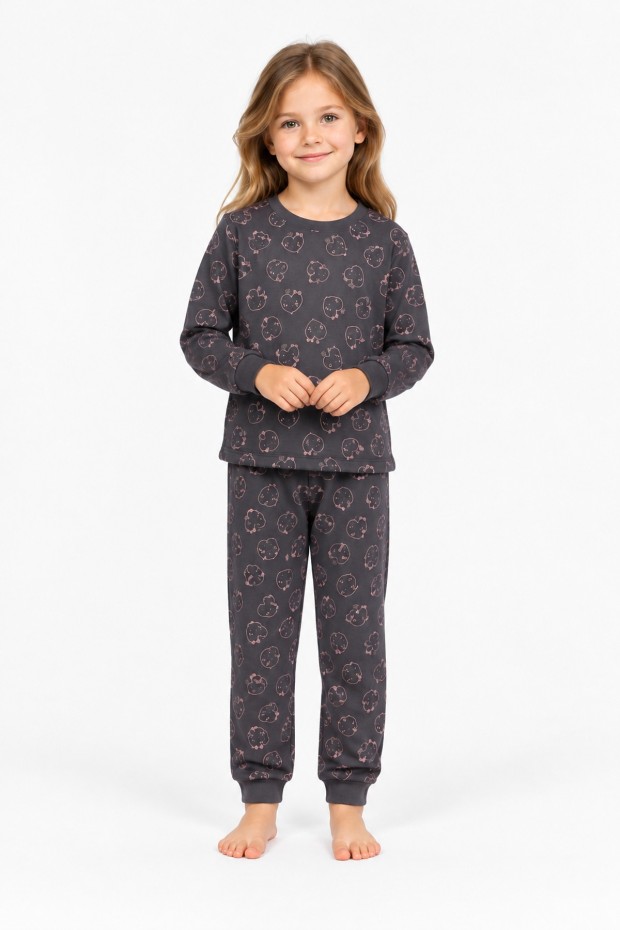 Kız Çocuk Kalp Desenli %100 Pamuk Reaktif Boyalı İnterlok Kumaş Uzun Kollu Pijama Takımı
