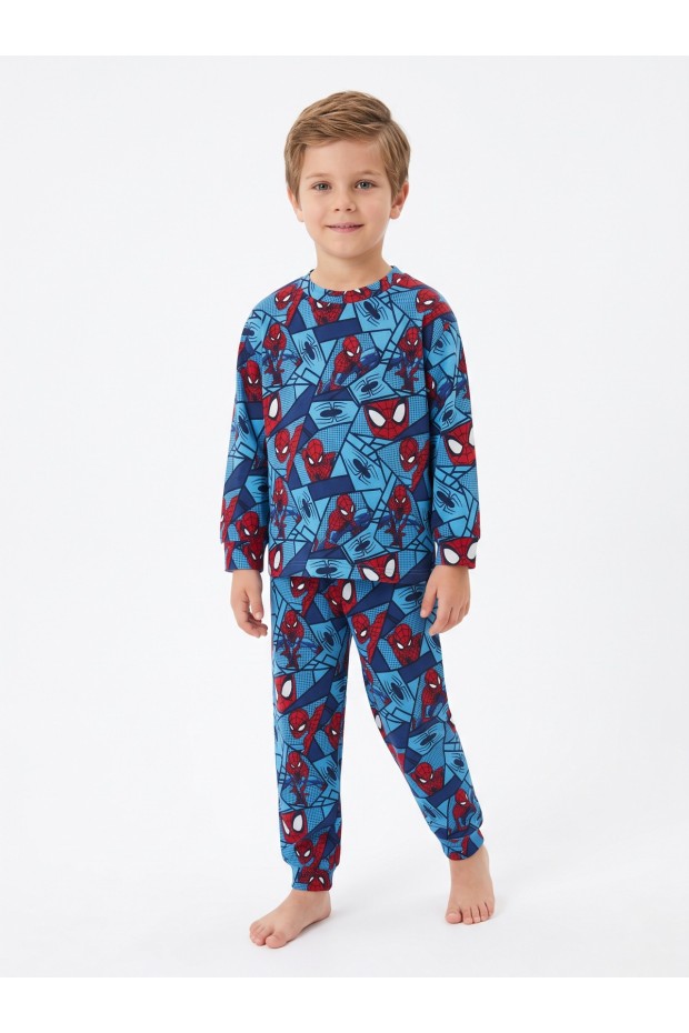 Erkek Çocuk Çizgi Karakter Desenli %100 Pamuk Reaktif Boyalı İnterlok Kumaş Uzun Kollu Pijama Takımı