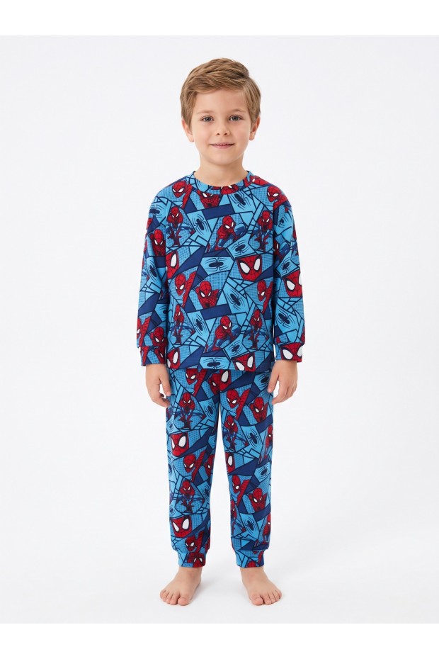 Erkek Çocuk Çizgi Karakter Desenli %100 Pamuk Reaktif Boyalı İnterlok Kumaş Uzun Kollu Pijama Takımı