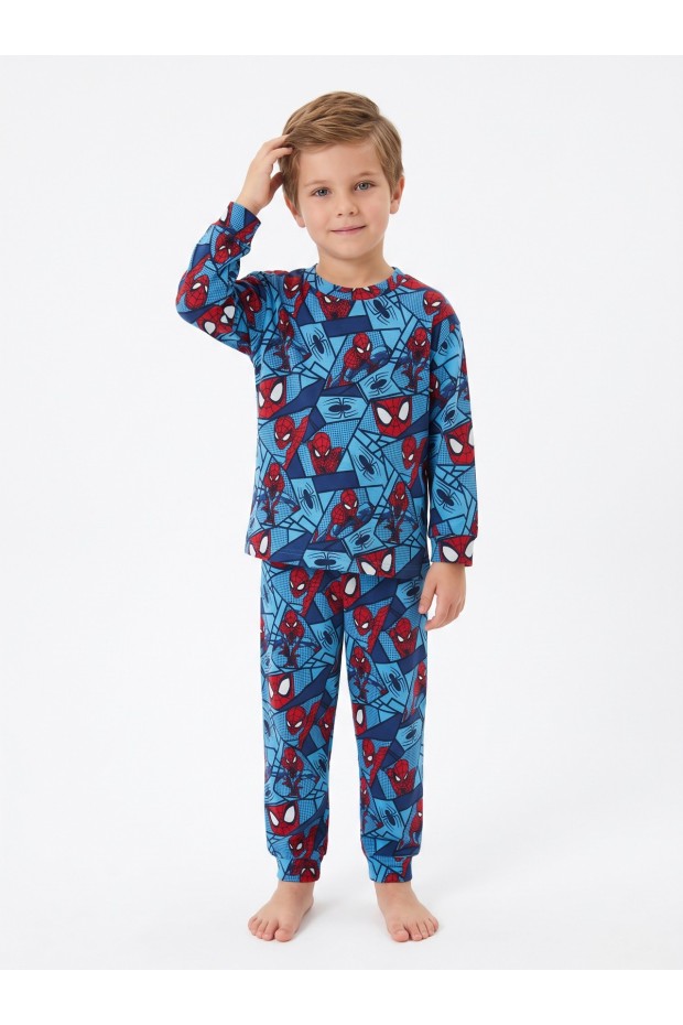 Erkek Çocuk Çizgi Karakter Desenli %100 Pamuk Reaktif Boyalı İnterlok Kumaş Uzun Kollu Pijama Takımı