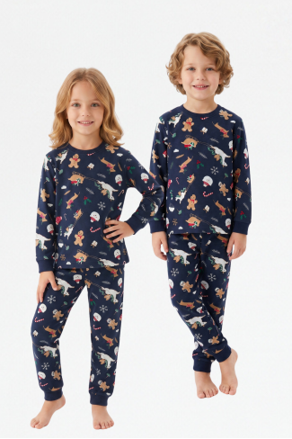 Üniseks Çocuk Yılbaşı Temalı %100 Pamuk Reaktif Boyama İnterlok Kumaş Uzun Kollu Pijama Takımı 