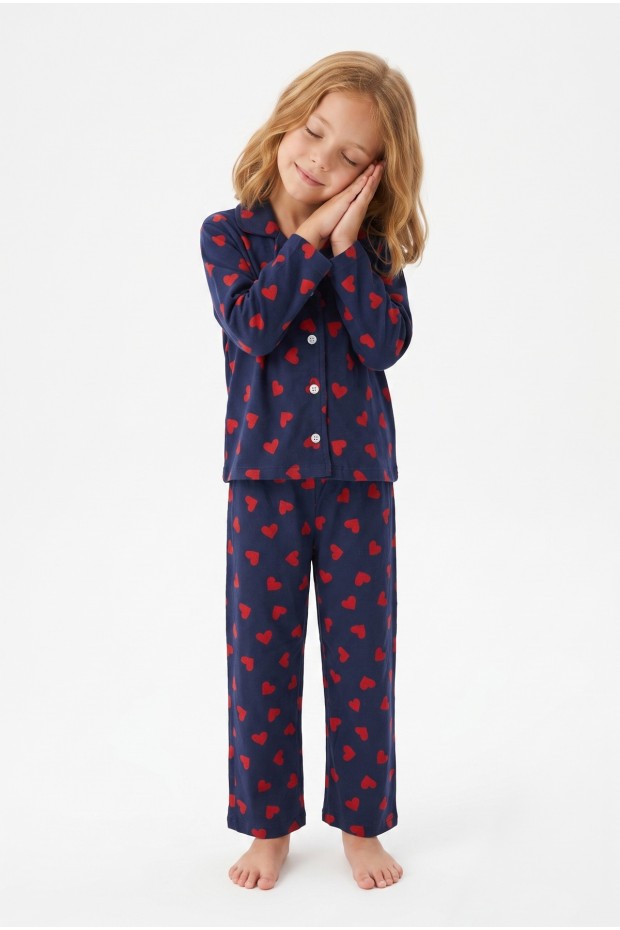 Kız Çocuk Düğmeli Kalp Baskılı %100 Pamuk Süprem Kumaş Reaktif Boyama Uzun Kollu Pijama Takımı