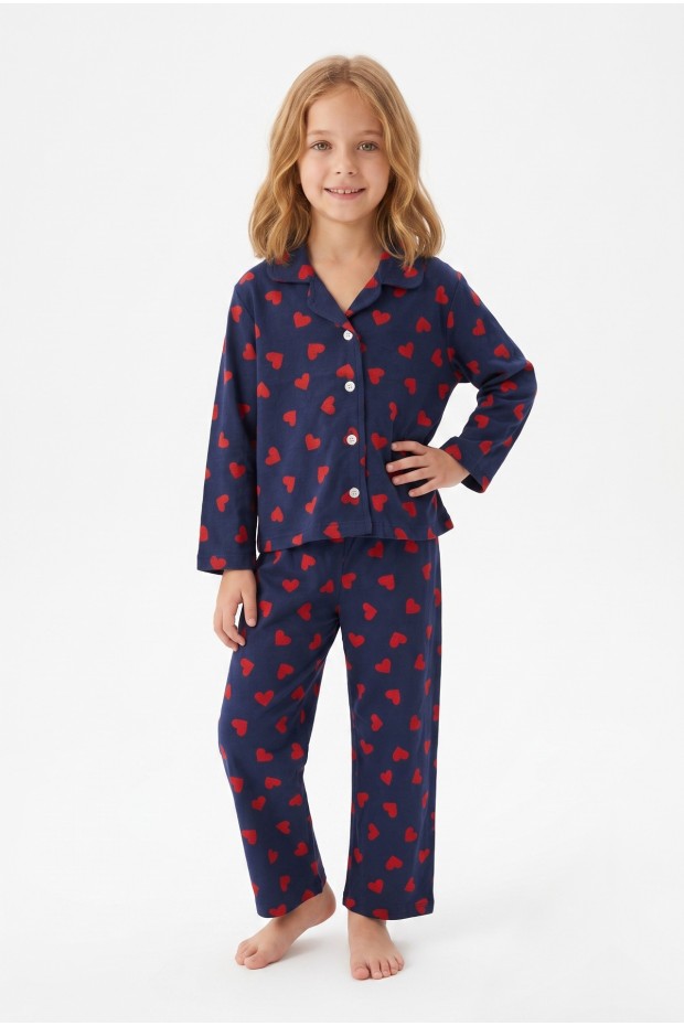 Kız Çocuk Düğmeli Kalp Baskılı %100 Pamuk Süprem Kumaş Reaktif Boyama Uzun Kollu Pijama Takımı