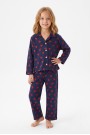 Kız Çocuk Düğmeli Kalp Baskılı %100 Pamuk Süprem Kumaş Reaktif Boyama Uzun Kollu Pijama Takımı