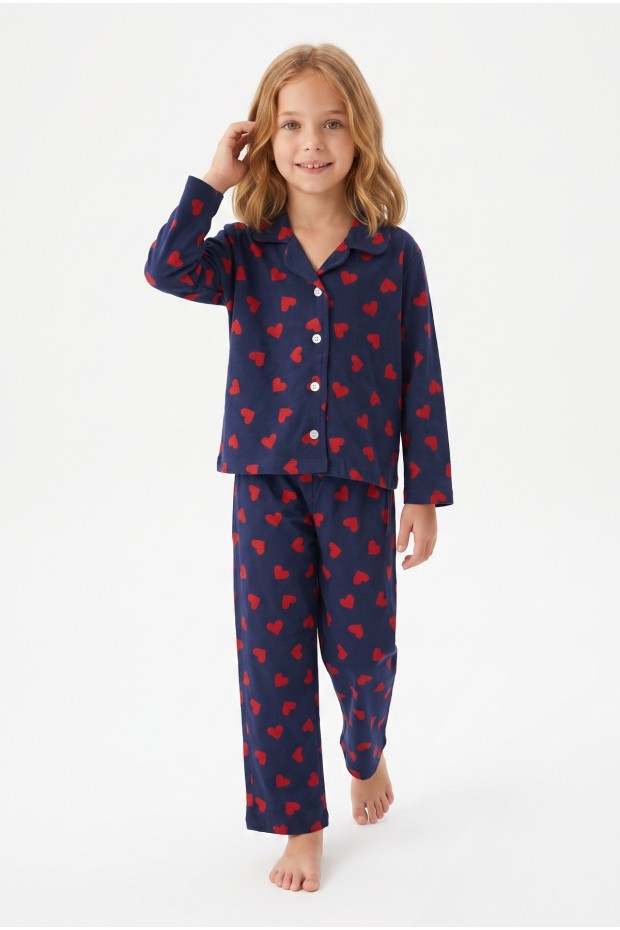 Kız Çocuk Düğmeli Kalp Baskılı %100 Pamuk Süprem Kumaş Reaktif Boyama Uzun Kollu Pijama Takımı