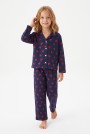 Kız Çocuk Düğmeli Kalp Baskılı %100 Pamuk Süprem Kumaş Reaktif Boyama Uzun Kollu Pijama Takımı