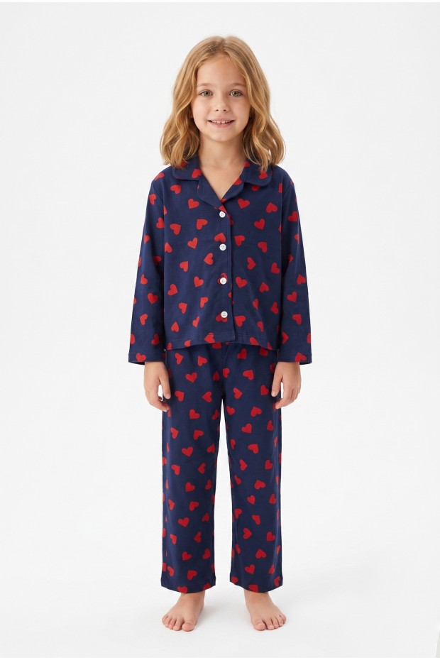 Kız Çocuk Düğmeli Kalp Baskılı %100 Pamuk Süprem Kumaş Reaktif Boyama Uzun Kollu Pijama Takımı
