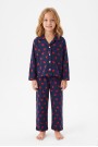 Kız Çocuk Düğmeli Kalp Baskılı %100 Pamuk Süprem Kumaş Reaktif Boyama Uzun Kollu Pijama Takımı
