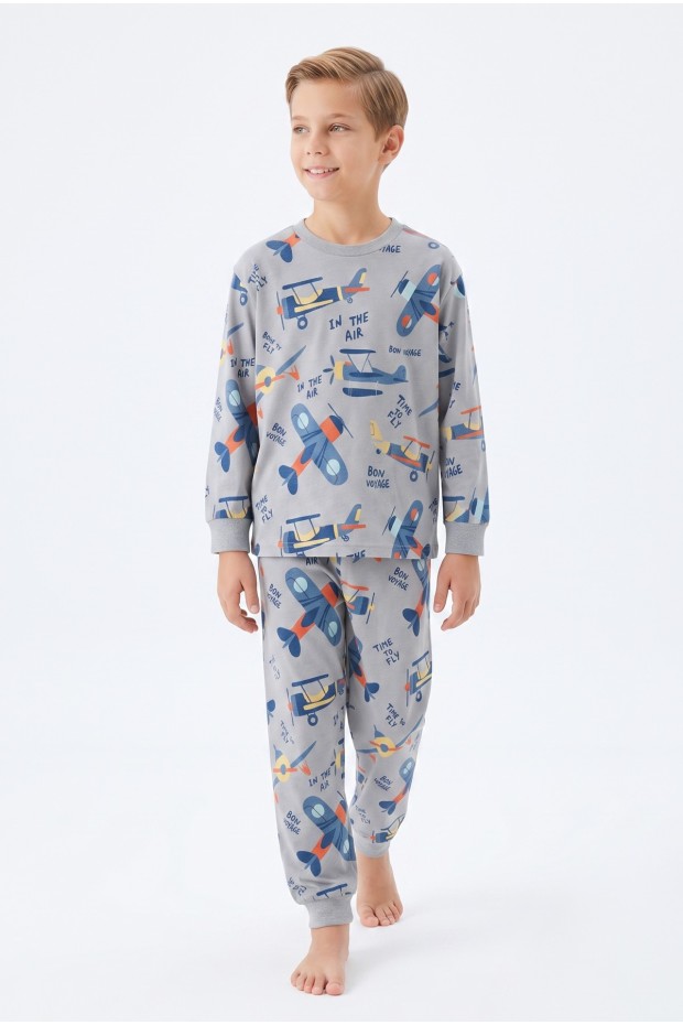 Garson Erkek Çocuk Uçak  Baskılı %100 Pamuk Süprem Kumaş Reaktif Boyama Uzun Kollu Pijama Takımı 