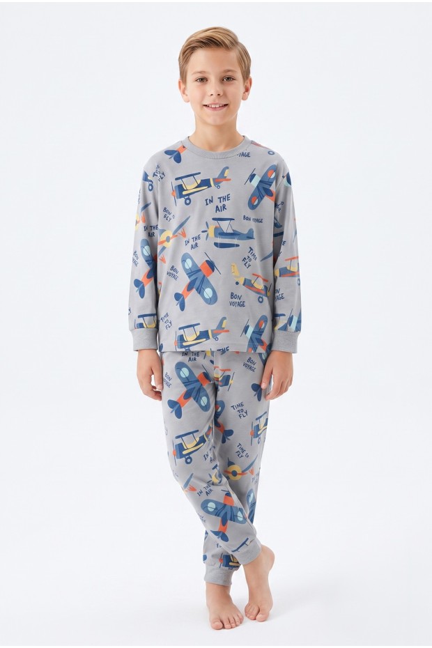 Garson Erkek Çocuk Uçak  Baskılı %100 Pamuk Süprem Kumaş Reaktif Boyama Uzun Kollu Pijama Takımı 