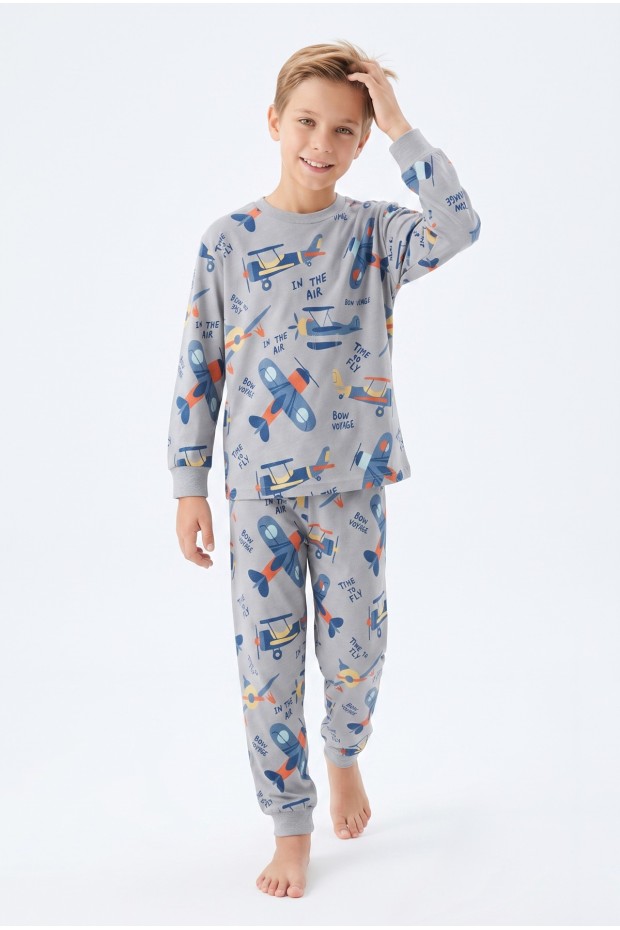 Garson Erkek Çocuk Uçak  Baskılı %100 Pamuk Süprem Kumaş Reaktif Boyama Uzun Kollu Pijama Takımı 