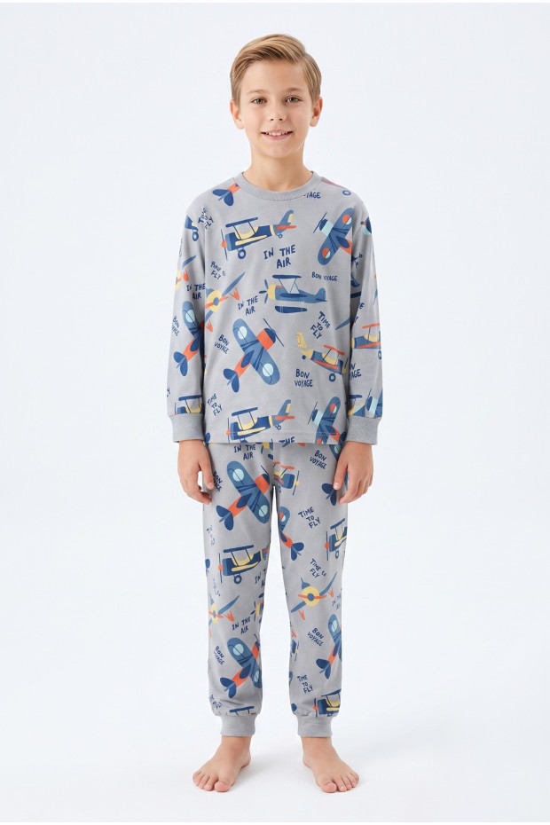 Garson Erkek Çocuk Uçak  Baskılı %100 Pamuk Süprem Kumaş Reaktif Boyama Uzun Kollu Pijama Takımı 