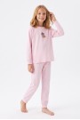 Kız Çocuk Göz Bantlı Uykucu Kedi Baskılı %100 Pamuk Süprem Kumaş Düz Uzun Kollu Pijama Takımı