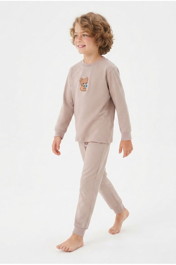 Erkek Çocuk Sevimli Ayıcık Baskılı %100 Pamuk Süprem Kumaş Düz Uzun Kollu Pijama Takımı