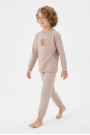 Erkek Çocuk Sevimli Ayıcık Baskılı %100 Pamuk Süprem Kumaş Düz Uzun Kollu Pijama Takımı
