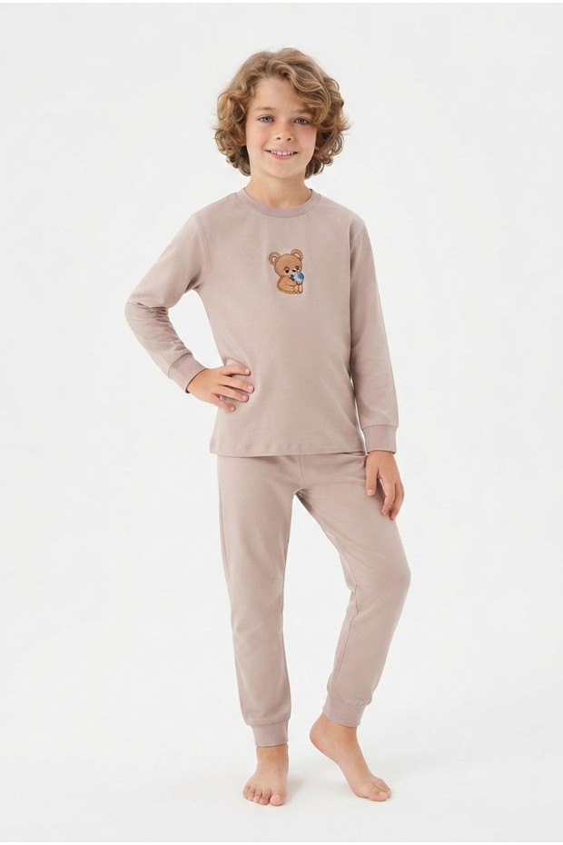 Erkek Çocuk Sevimli Ayıcık Baskılı %100 Pamuk Süprem Kumaş Düz Uzun Kollu Pijama Takımı