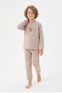 Erkek Çocuk Sevimli Ayıcık Baskılı %100 Pamuk Süprem Kumaş Düz Uzun Kollu Pijama Takımı