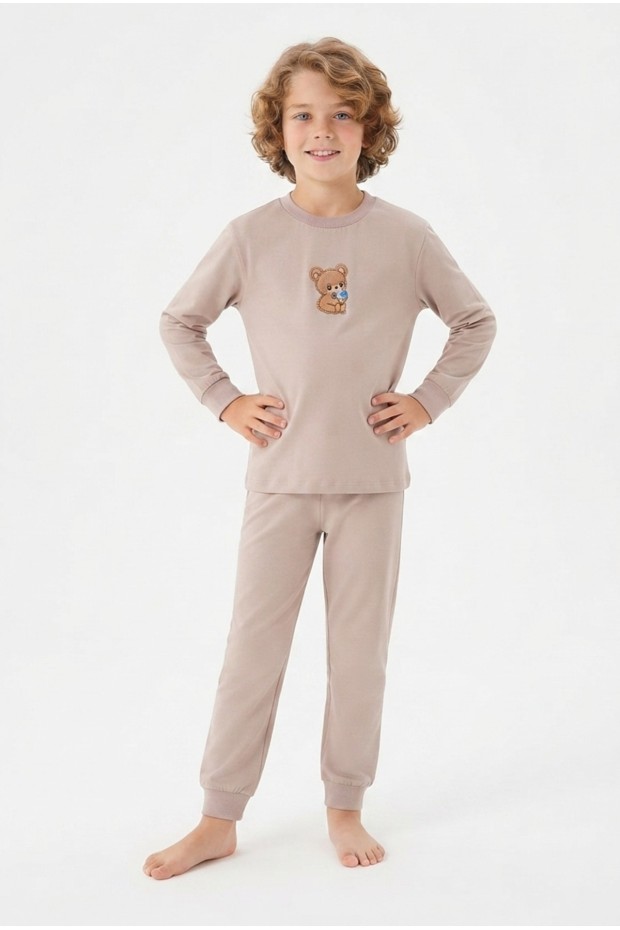Erkek Çocuk Sevimli Ayıcık Baskılı %100 Pamuk Süprem Kumaş Düz Uzun Kollu Pijama Takımı
