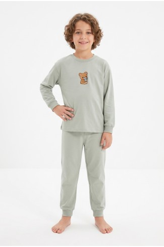 Erkek Çocuk Sevimli Ayıcık Baskılı %100 Pamuk Süprem Kumaş Düz Uzun Kollu Pijama Takımı