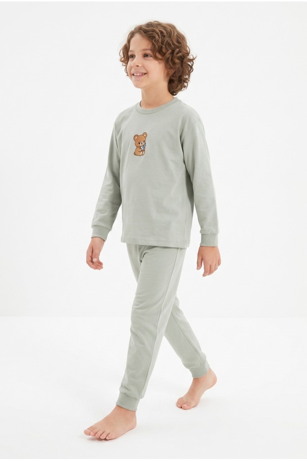 Erkek Çocuk Sevimli Ayıcık Baskılı %100 Pamuk Süprem Kumaş Düz Uzun Kollu Pijama Takımı