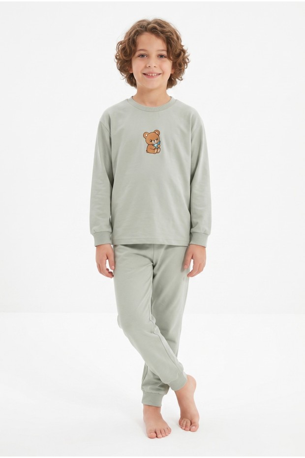 Erkek Çocuk Sevimli Ayıcık Baskılı %100 Pamuk Süprem Kumaş Düz Uzun Kollu Pijama Takımı