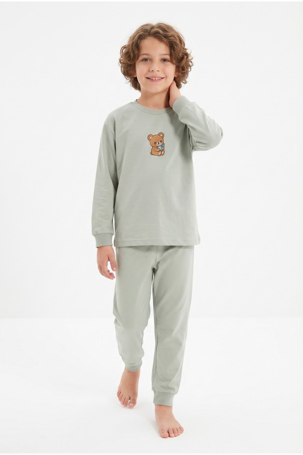 Erkek Çocuk Sevimli Ayıcık Baskılı %100 Pamuk Süprem Kumaş Düz Uzun Kollu Pijama Takımı