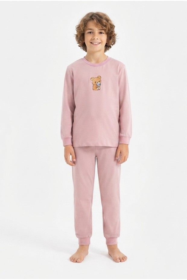Erkek Çocuk Sevimli Ayıcık Baskılı %100 Pamuk Süprem Kumaş Düz Uzun Kollu Pijama Takımı