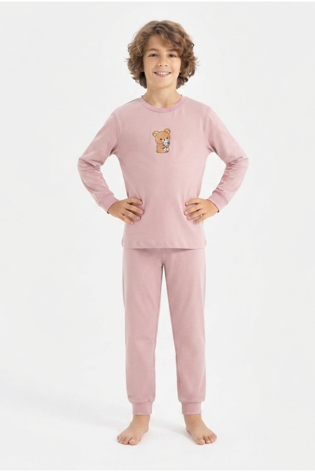 Erkek Çocuk Sevimli Ayıcık Baskılı %100 Pamuk Süprem Kumaş Düz Uzun Kollu Pijama Takımı