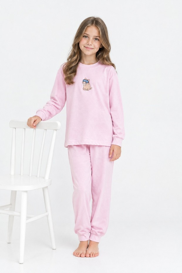 Erkek Çocuk Sevimli Ayıcık Baskılı %100 Pamuk Süprem Kumaş Düz Uzun Kollu Pijama Takımı