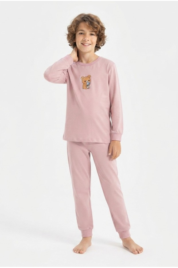 Erkek Çocuk Sevimli Ayıcık Baskılı %100 Pamuk Süprem Kumaş Düz Uzun Kollu Pijama Takımı