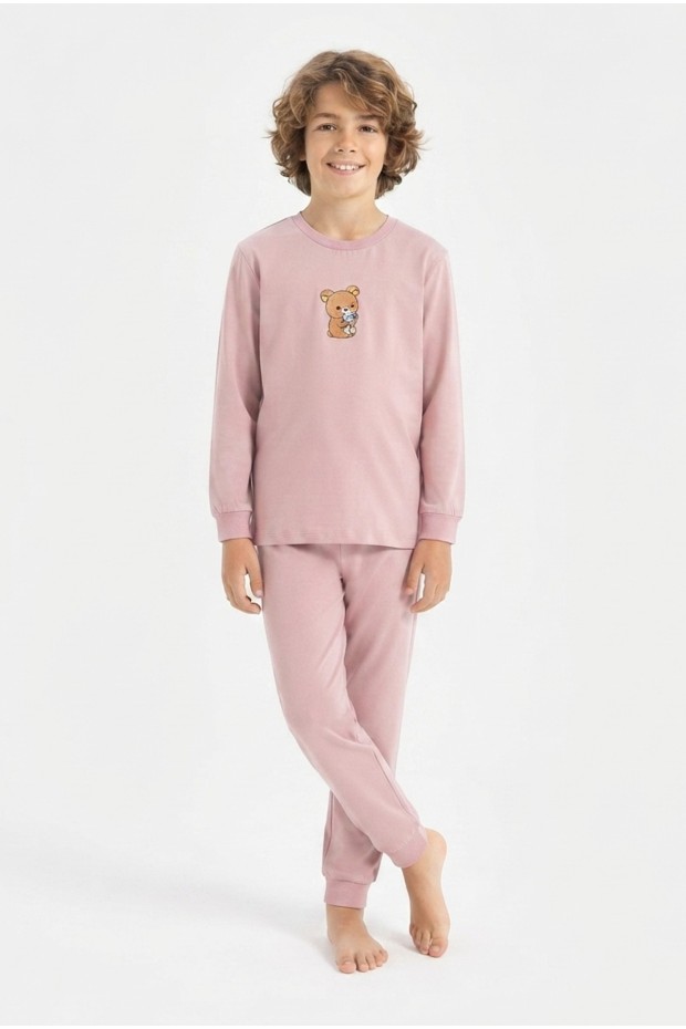 Erkek Çocuk Sevimli Ayıcık Baskılı %100 Pamuk Süprem Kumaş Düz Uzun Kollu Pijama Takımı
