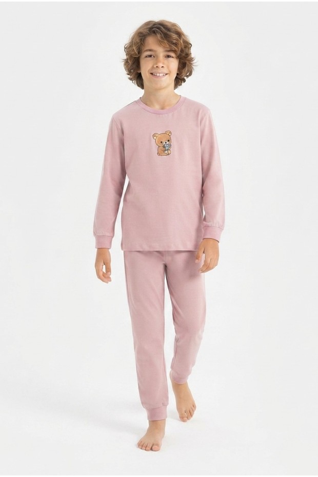 Erkek Çocuk Sevimli Ayıcık Baskılı %100 Pamuk Süprem Kumaş Düz Uzun Kollu Pijama Takımı