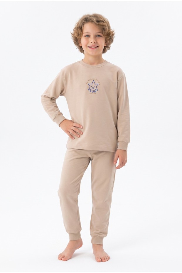Erkek Çocuk Mavi Yıldız Baskılı %100 Pamuk Süprem Kumaş Düz Uzun Kollu Pijama Takımı 
