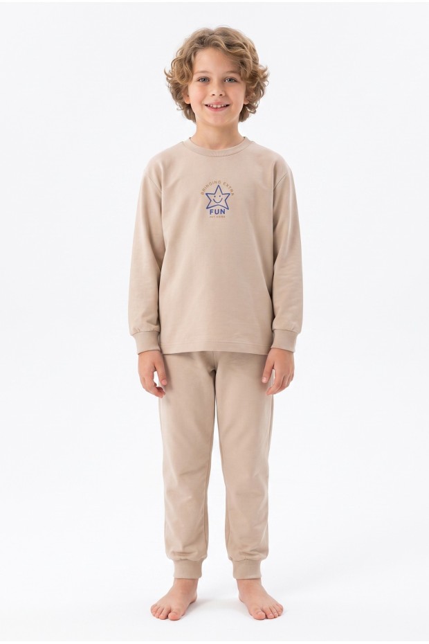 Erkek Çocuk Mavi Yıldız Baskılı %100 Pamuk Süprem Kumaş Düz Uzun Kollu Pijama Takımı 