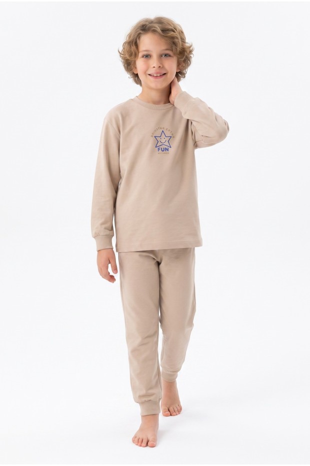 Erkek Çocuk Mavi Yıldız Baskılı %100 Pamuk Süprem Kumaş Düz Uzun Kollu Pijama Takımı 