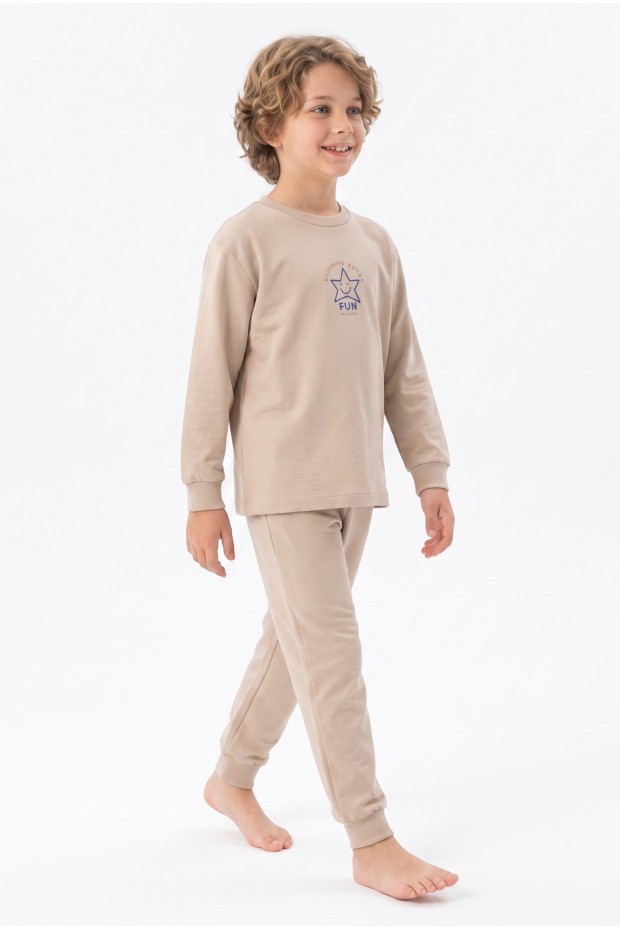 Erkek Çocuk Mavi Yıldız Baskılı %100 Pamuk Süprem Kumaş Düz Uzun Kollu Pijama Takımı 