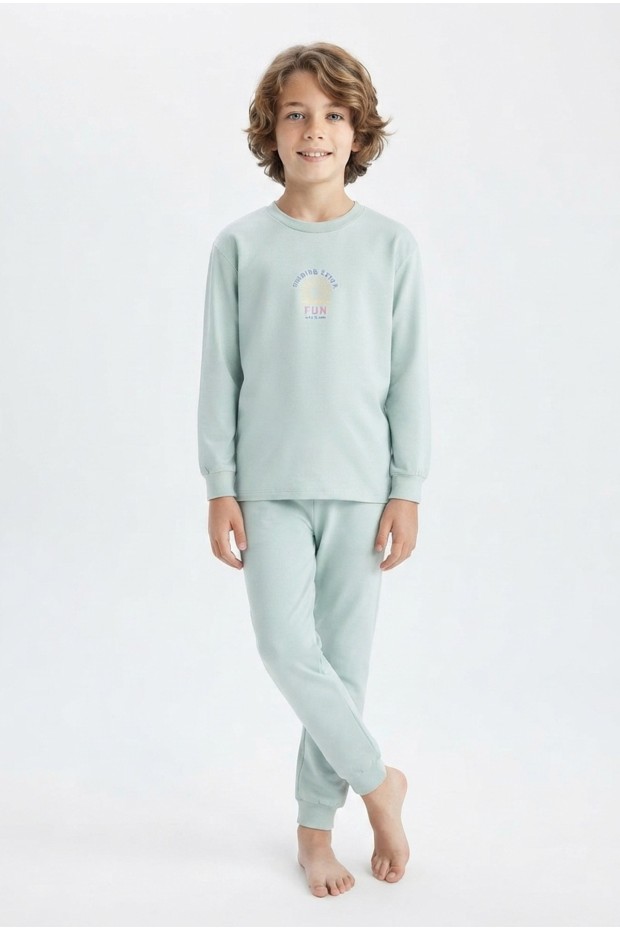 Erkek Çocuk Mavi Yıldız Baskılı %100 Pamuk Süprem Kumaş Düz Uzun Kollu Pijama Takımı