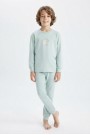 Erkek Çocuk Mavi Yıldız Baskılı %100 Pamuk Süprem Kumaş Düz Uzun Kollu Pijama Takımı