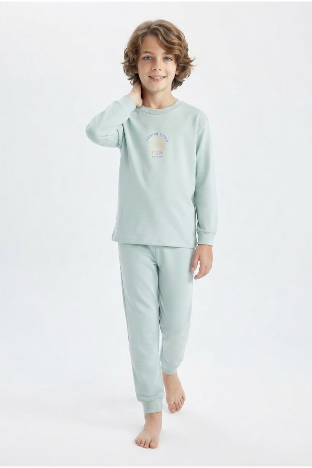 Erkek Çocuk Mavi Yıldız Baskılı %100 Pamuk Süprem Kumaş Düz Uzun Kollu Pijama Takımı