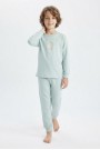Erkek Çocuk Mavi Yıldız Baskılı %100 Pamuk Süprem Kumaş Düz Uzun Kollu Pijama Takımı